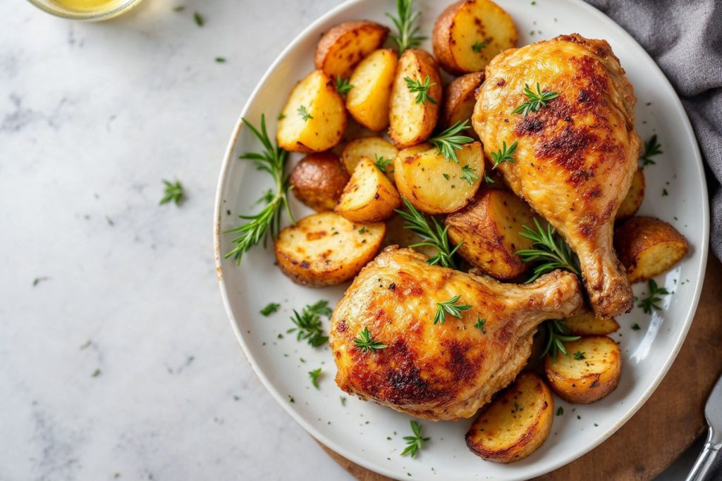 Coxa e sobrecoxa de frango assado crocante com batatas rústicas: Receita fácil para forno e air fryer!