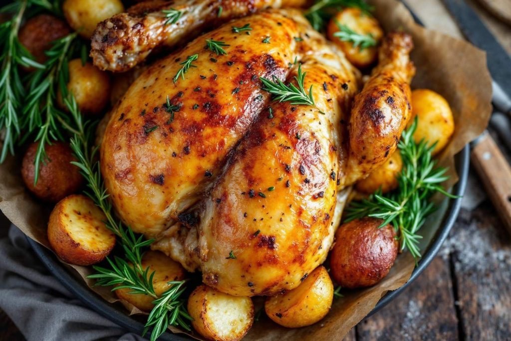 O segredo do frango assado perfeito com batatas rústicas e ervas