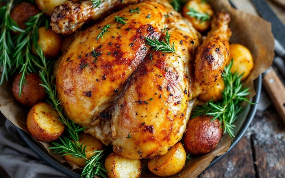 O segredo do frango assado perfeito com batatas rústicas e ervas