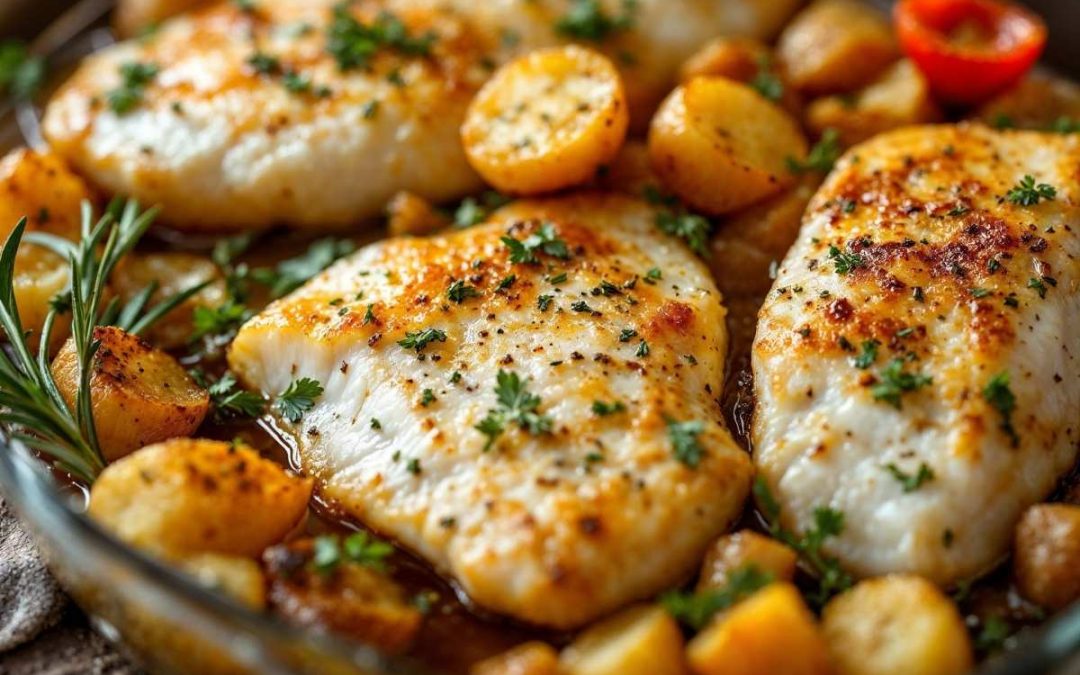 Peixe suculento no forno com batatas douradas no azeite e ervas