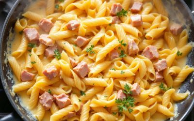 Macarrão cremoso com presunto e queijo: O jantar fácil que fica pronto em 20 minutos!